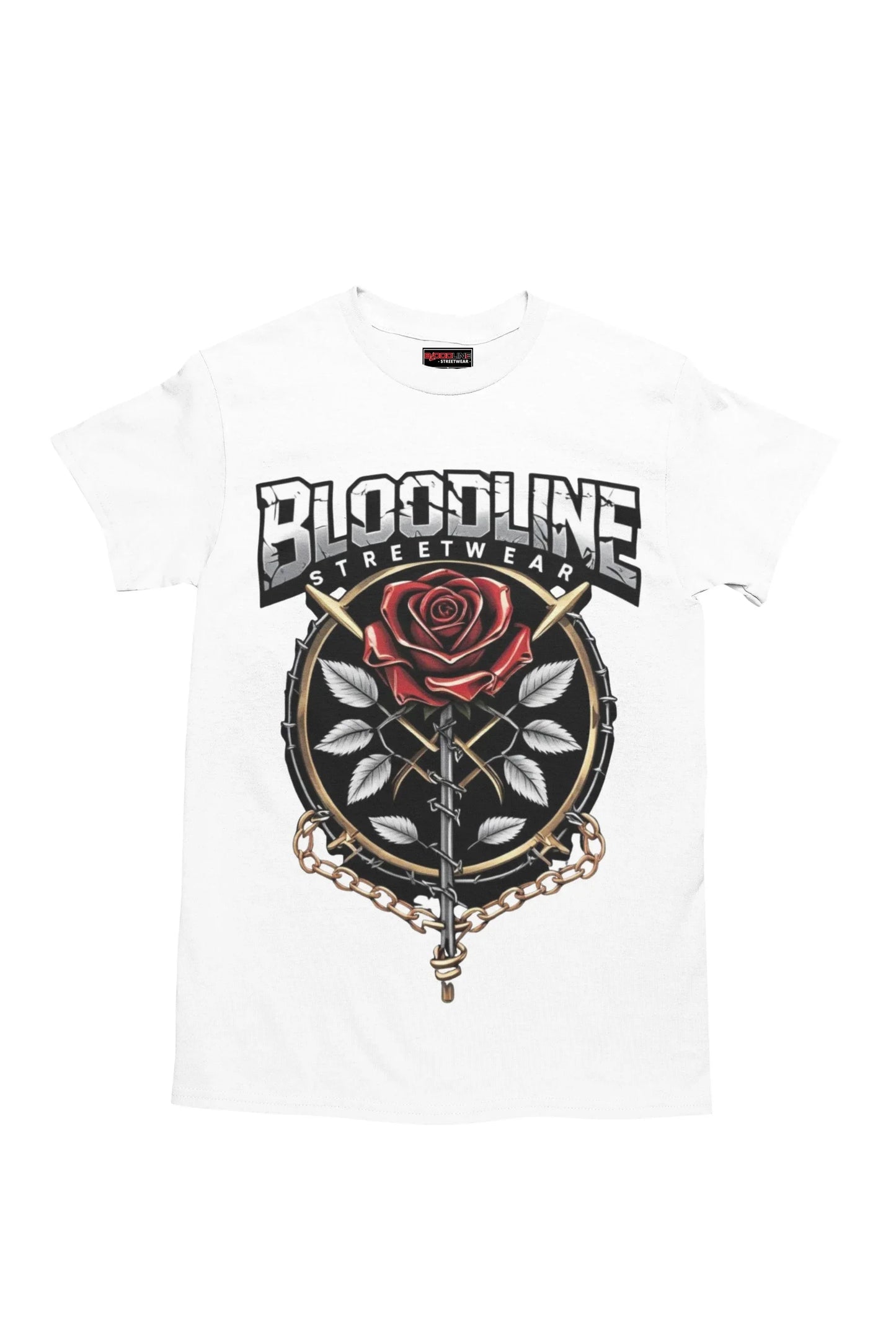 White t-shirt with 'Bloodline Streetwear' logo and rose design on a white background