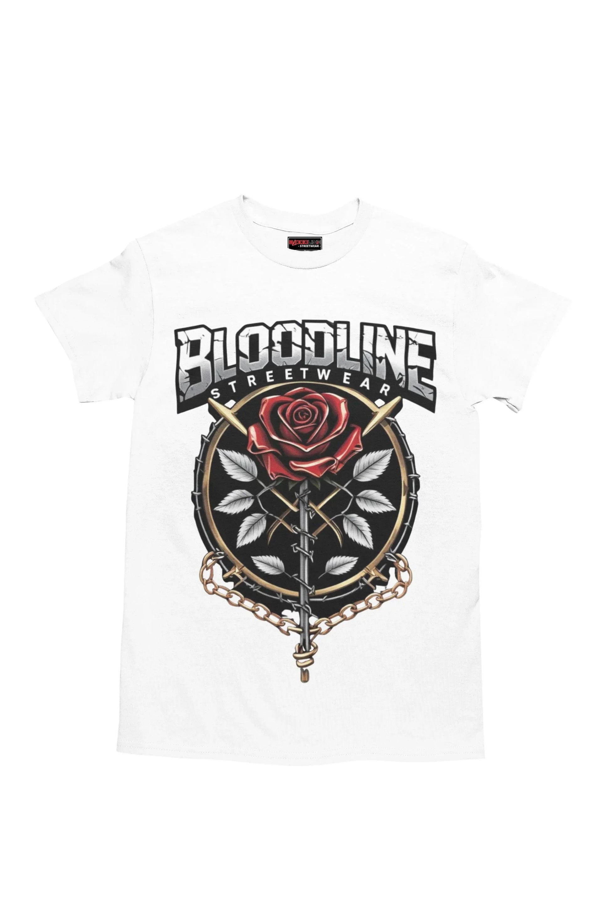 White t-shirt with 'Bloodline Streetwear' logo and rose design on a white background