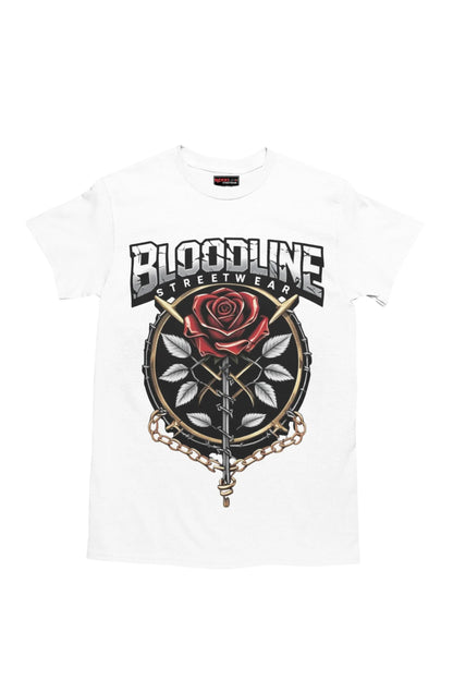 White t-shirt with 'Bloodline Streetwear' logo and rose design on a white background