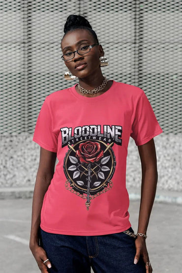 Person wearing a pink t-shirt with a graphic design and 'Bloodline Streetwear' text.