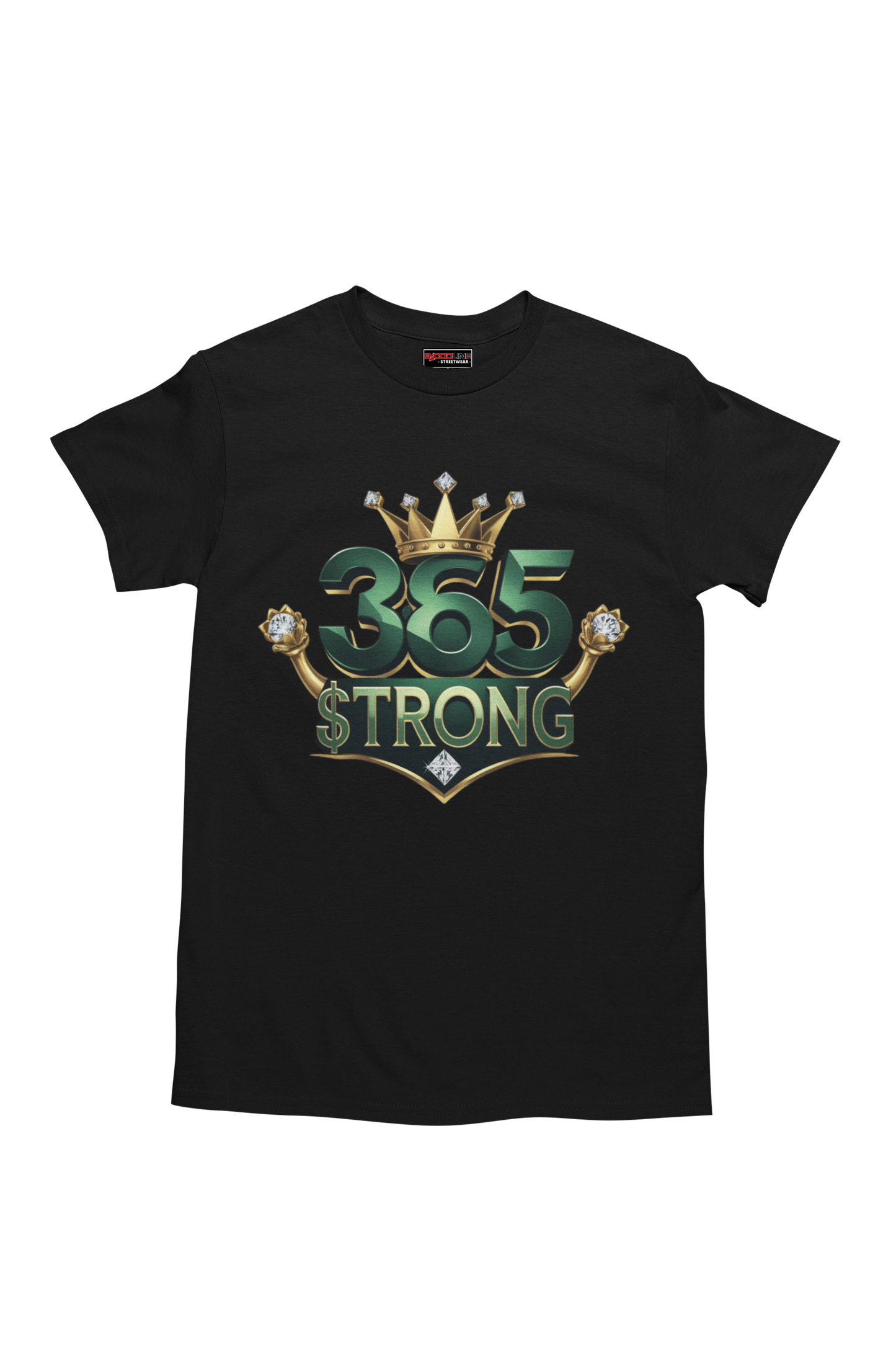 Black t-shirt with '365 Strong' graphic design on a white background