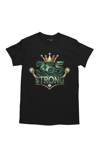 Black t-shirt with '365 Strong' graphic design on a white background