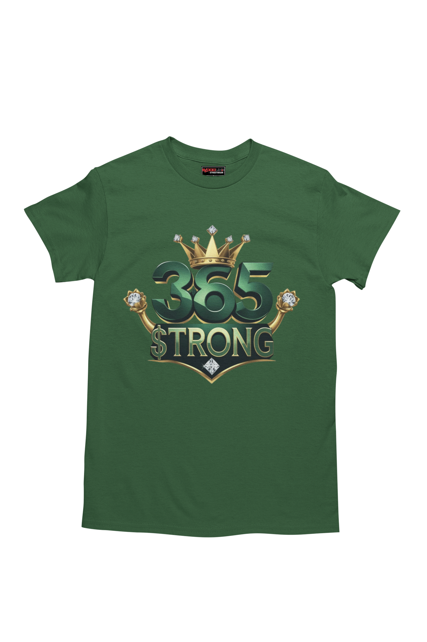 Green t-shirt with '365 Strong' graphic design on a white background