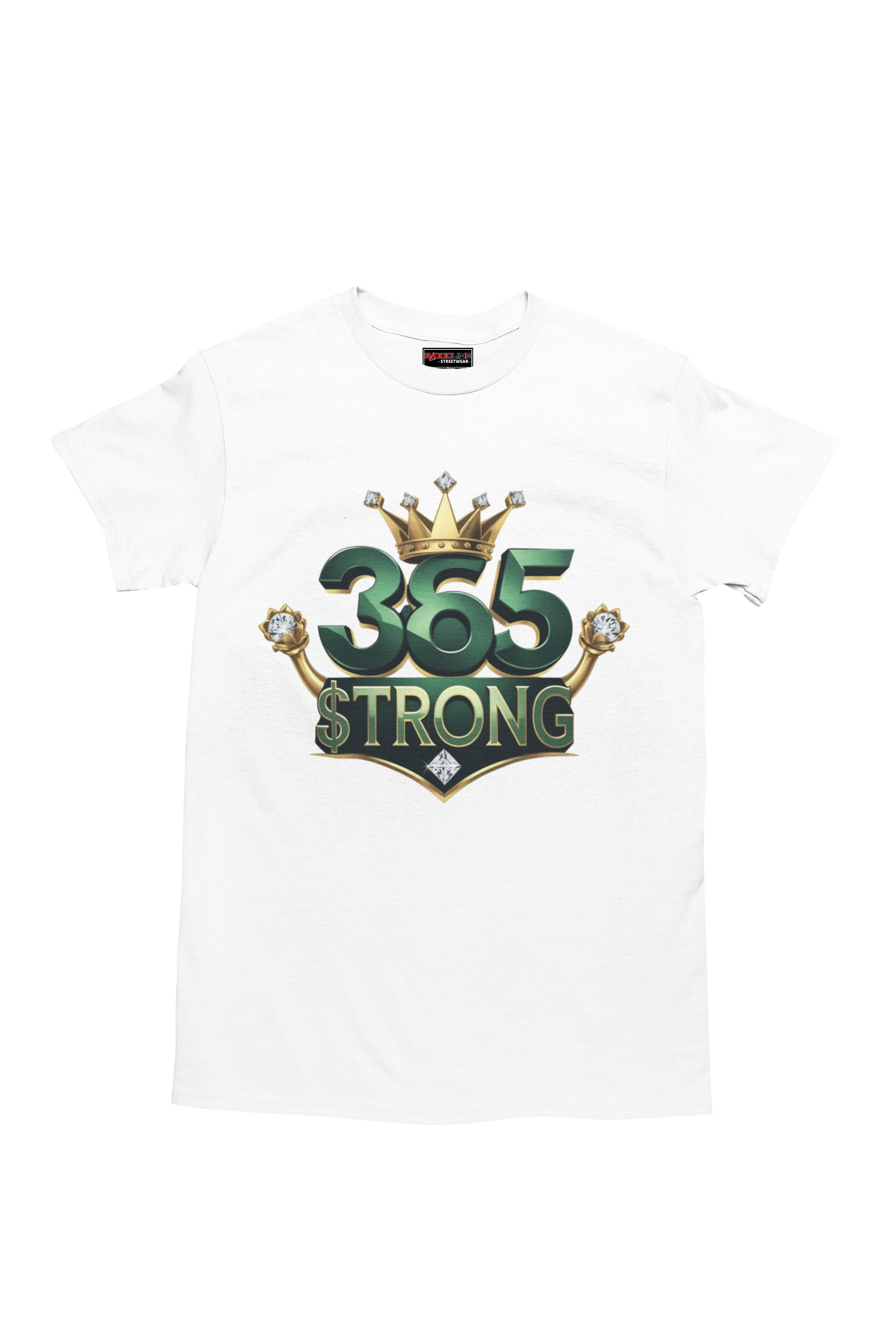 White t-shirt with '365 Strong' logo on a white background