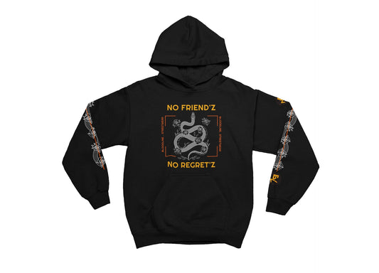 Black hoodie with graphic design and text on a white background