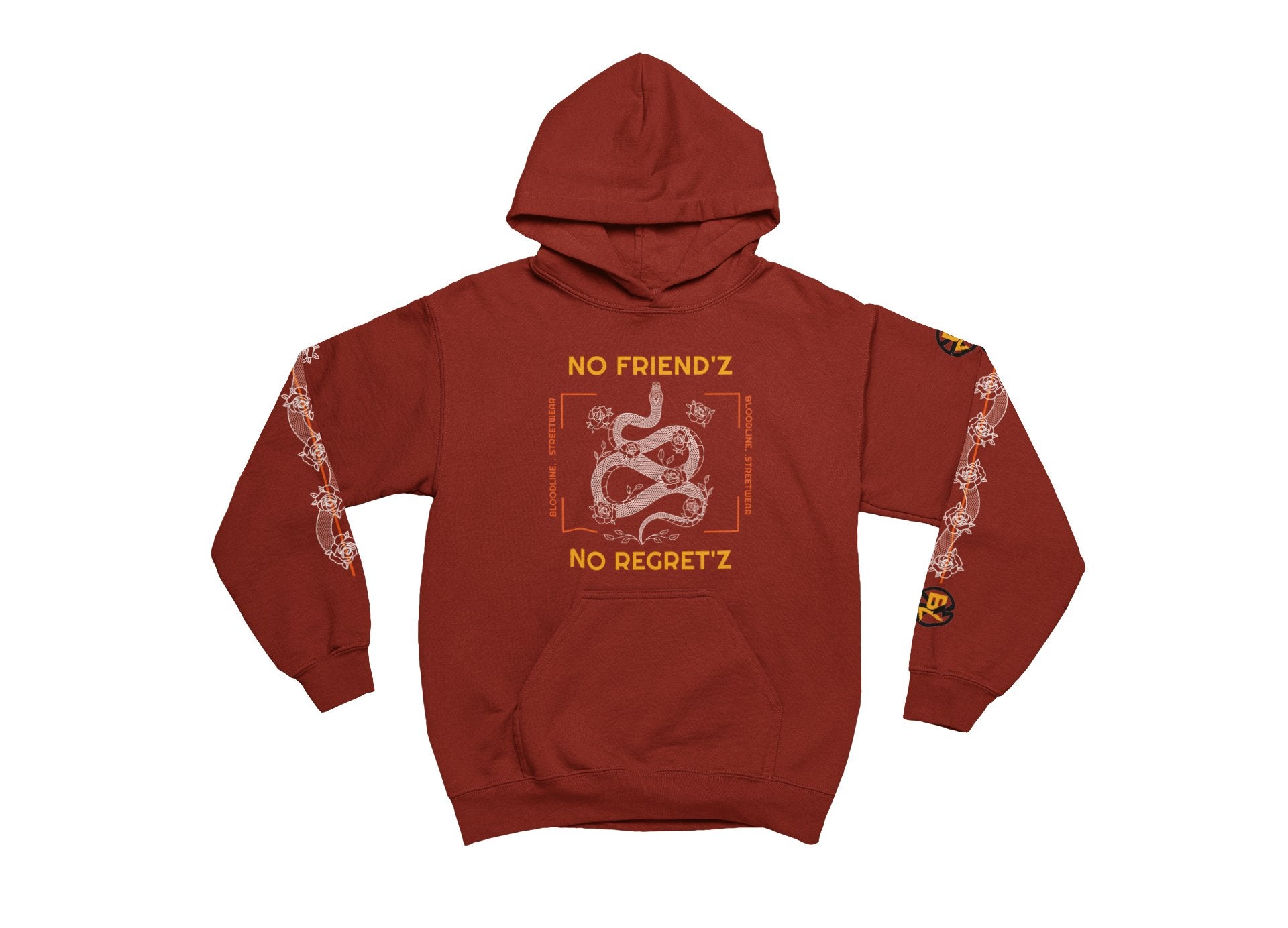 Maroon hoodie with snake design and text on a white background