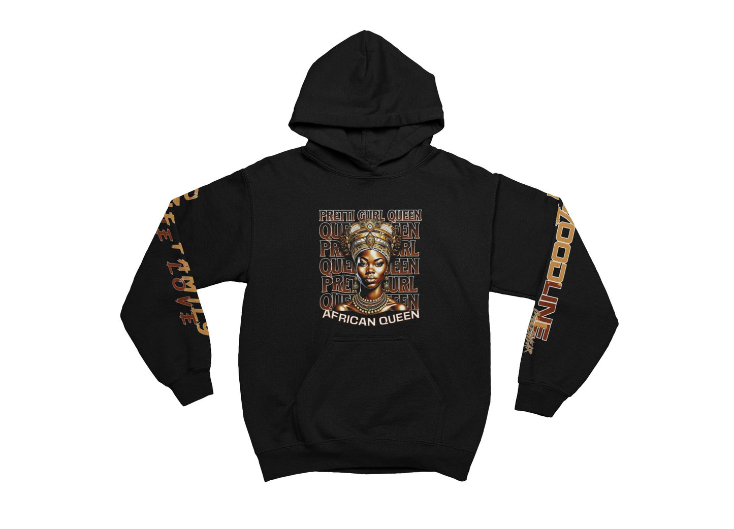 Black hoodie with 'African Queen' graphic design on a white background