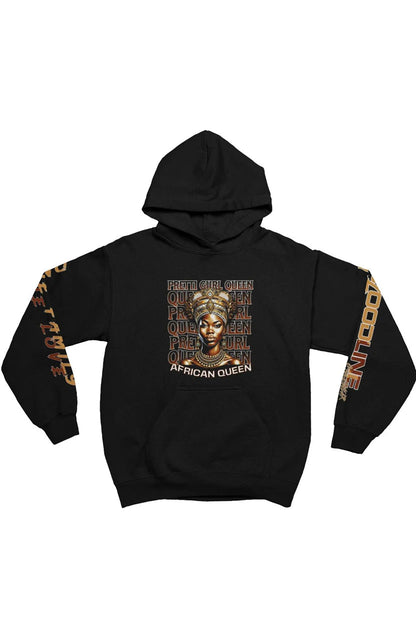 Black hoodie with 'African Queen' design on a white background