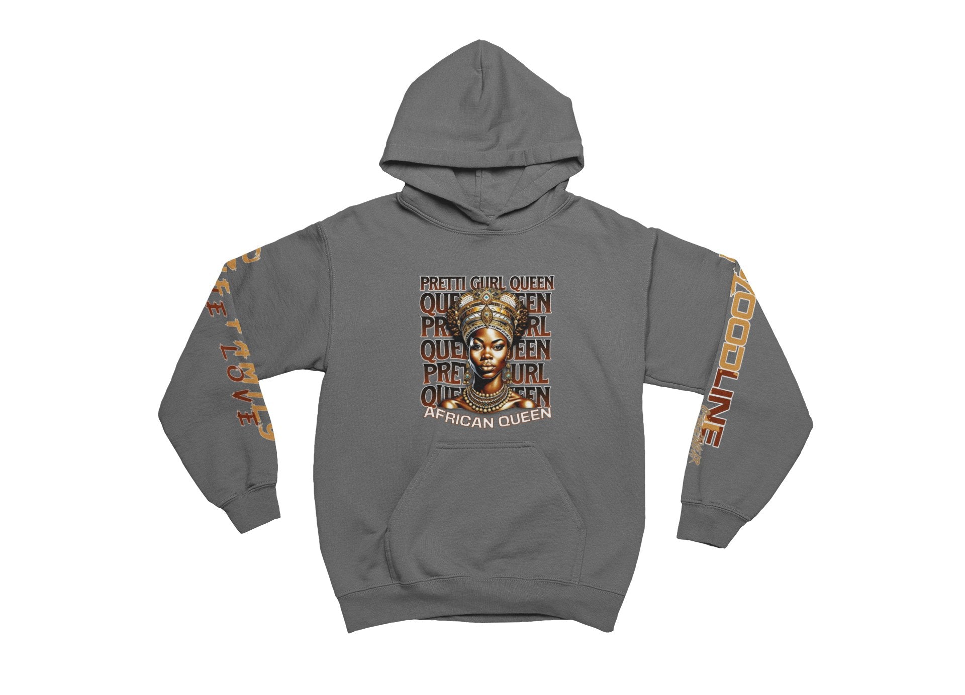 Charcoal hoodie with graphic design and text on a white background