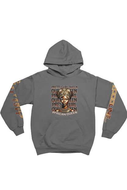 Gray hoodie with graphic design and text on sleeves against a white background