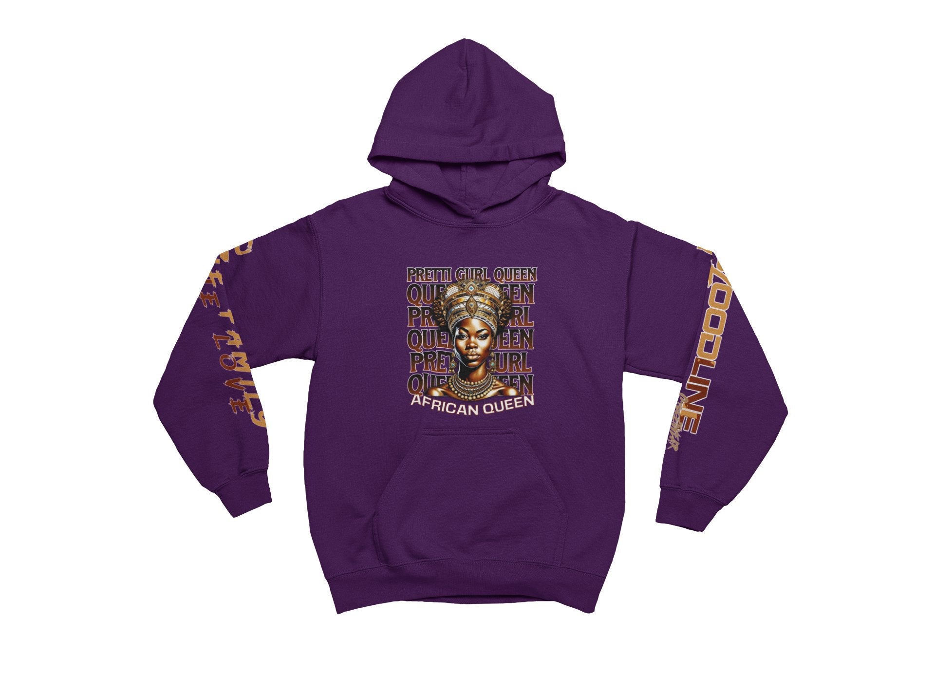 Purple hoodie with 'African Queen' design on a white background