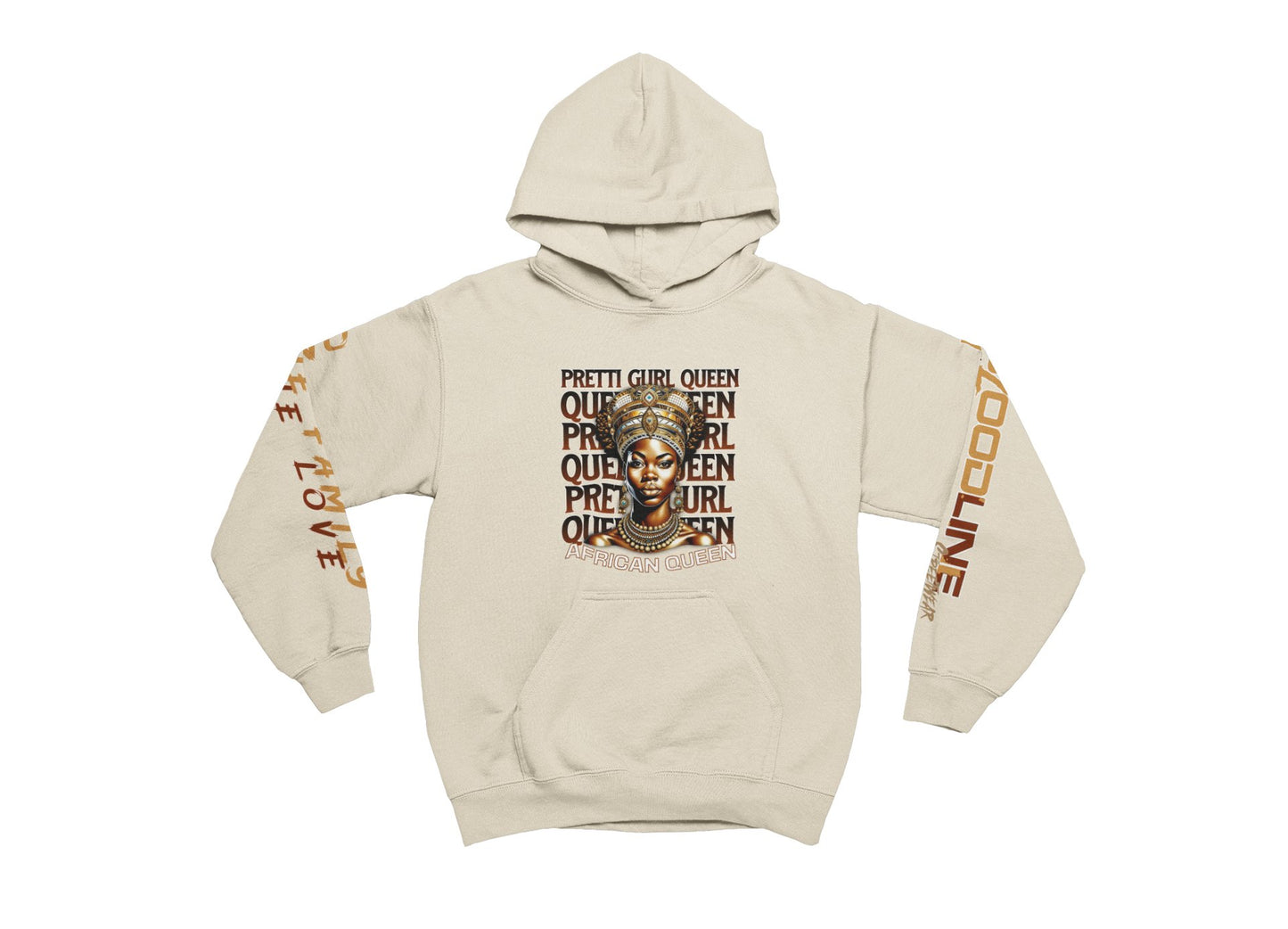 Sand hoodie with graphic design and text on a white background