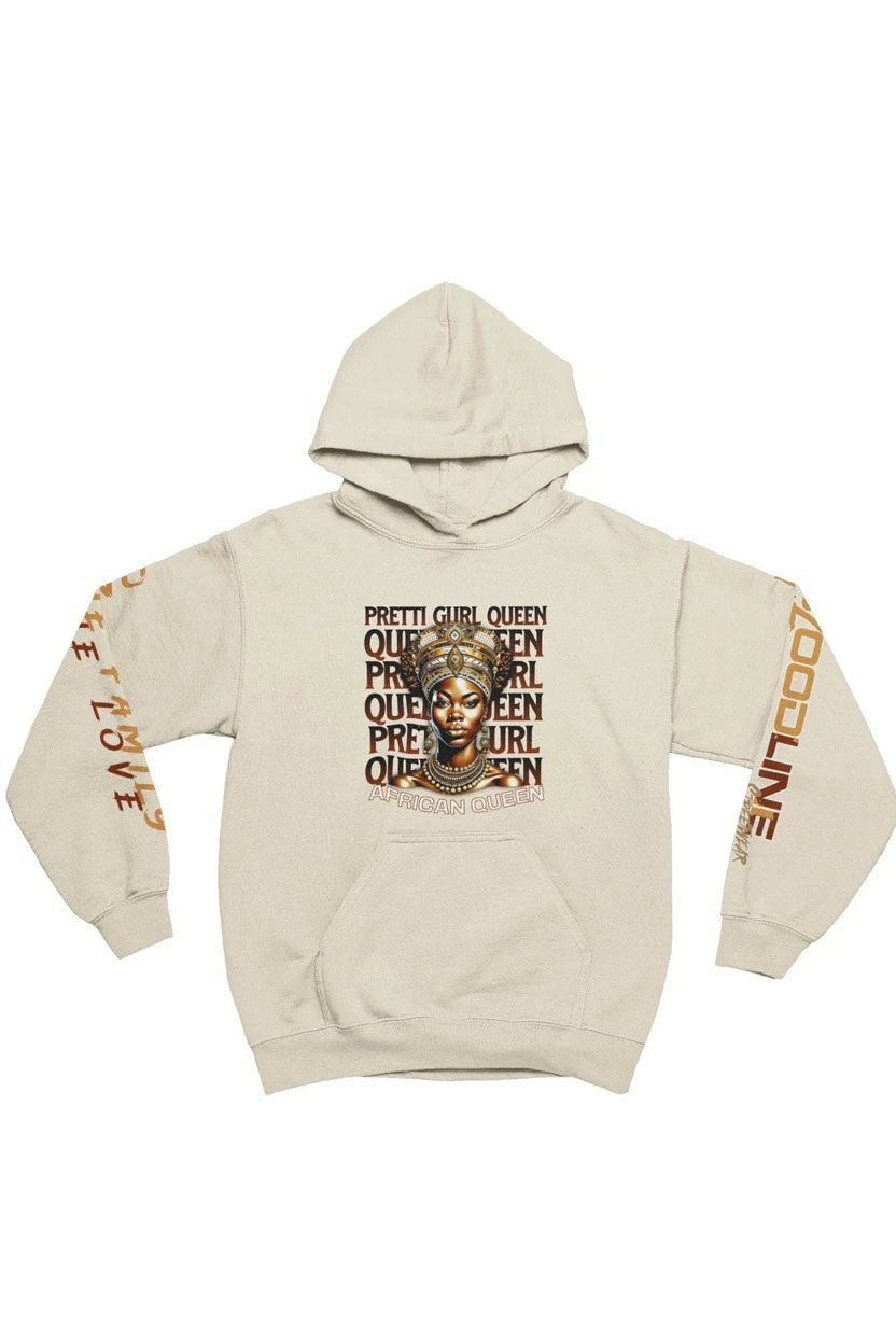 Beige hoodie with graphic design and text on a white background