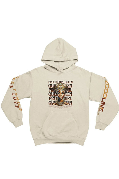 Beige hoodie with graphic design and text on a white background