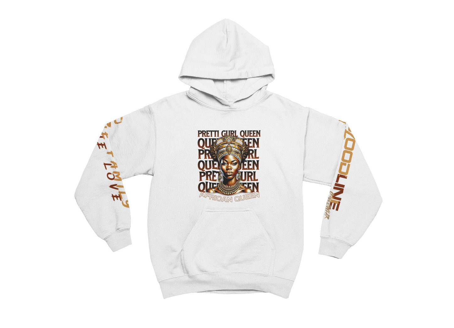 White hoodie with graphic design and text on a white background