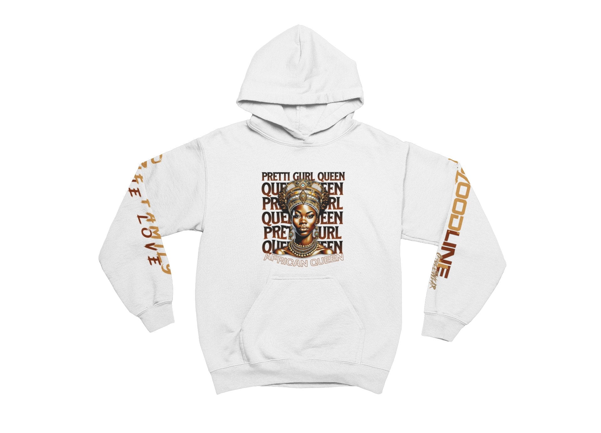 White hoodie with graphic design and text on a white background