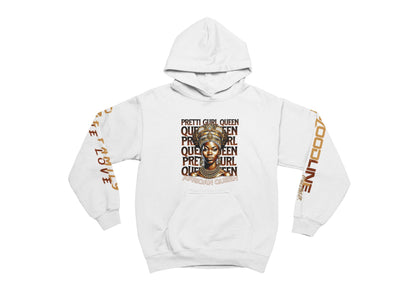 White hoodie with graphic design and text on a white background