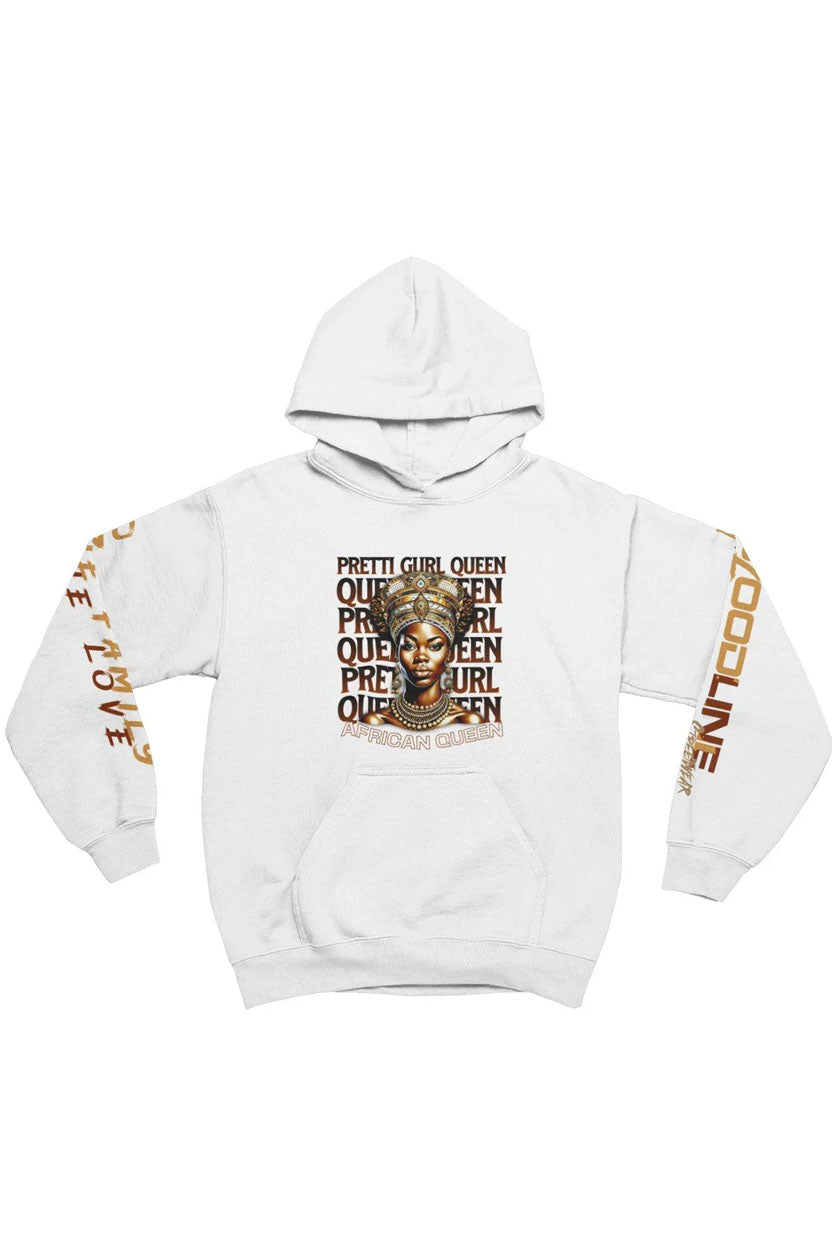 White hoodie with graphic design and text on a white background