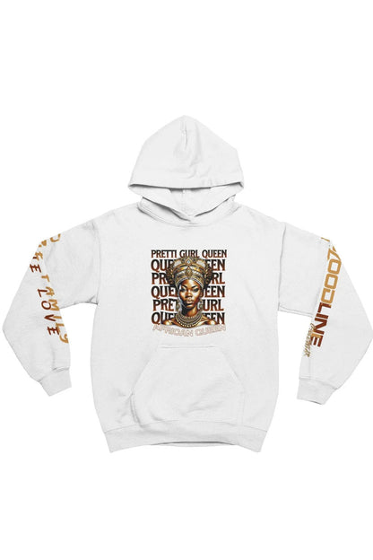 White hoodie with graphic design and text on a white background