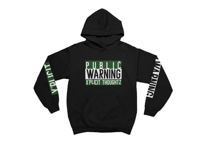 Black hoodie with 'Public Warning Explicit Thoughtz' text on a white background