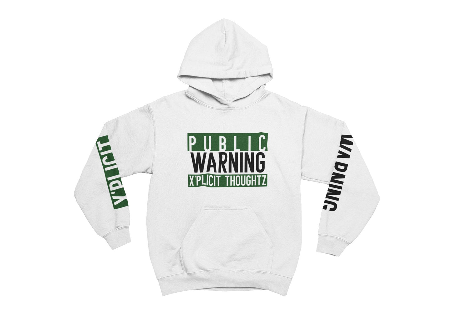 White hoodie with text design on a white background