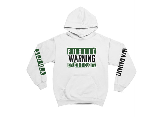 White hoodie with text design on a white background