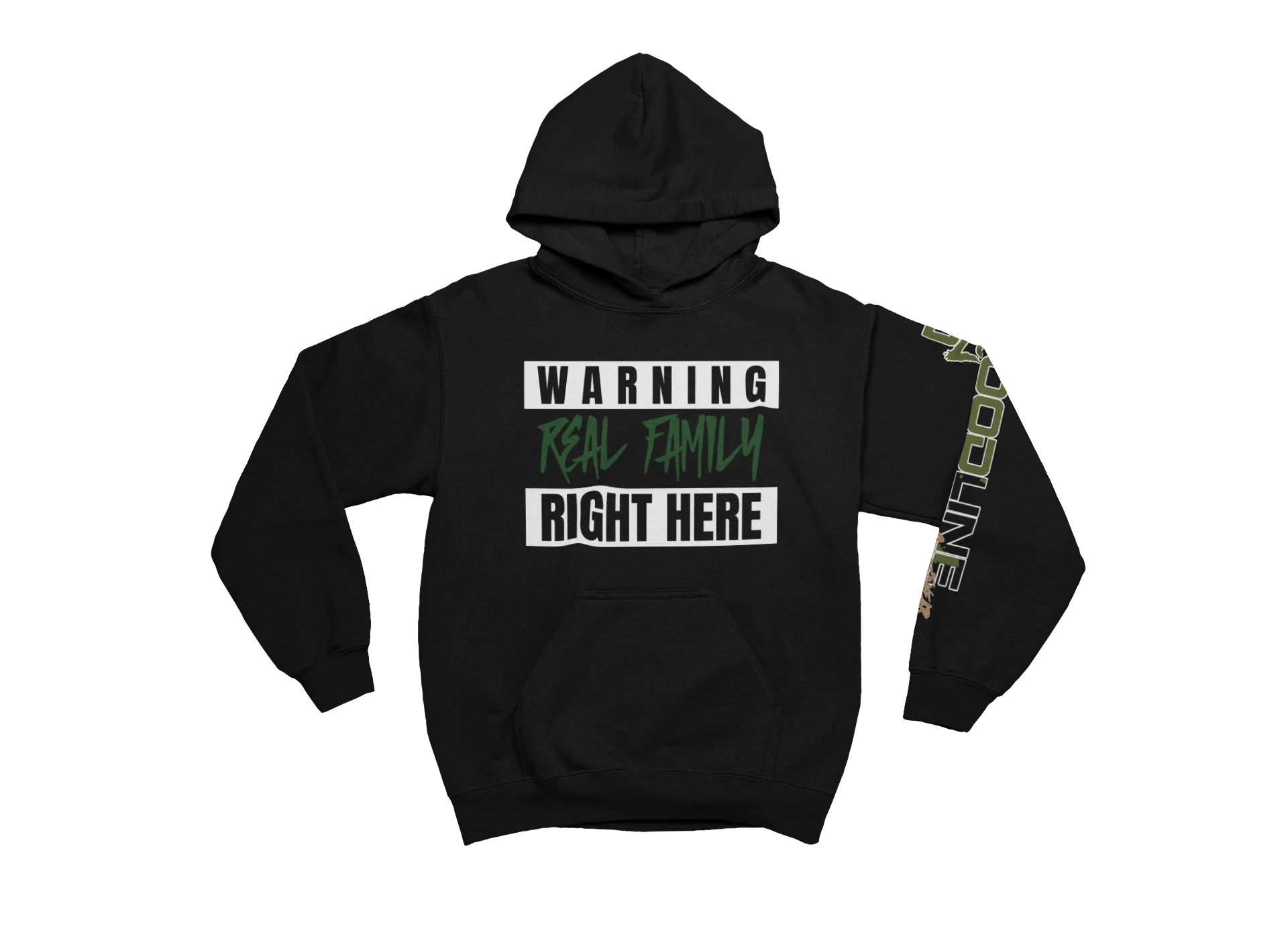 Black hoodie with text 'WARNING Real Family Right Here' on a white background