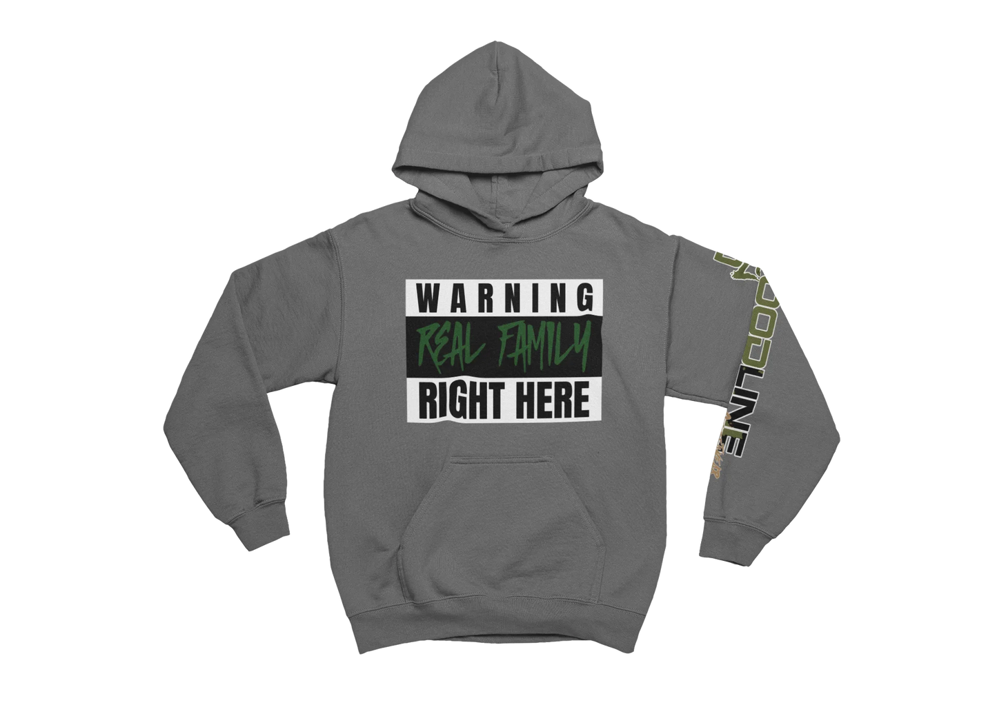 Charcoal hoodie with text design on a white background