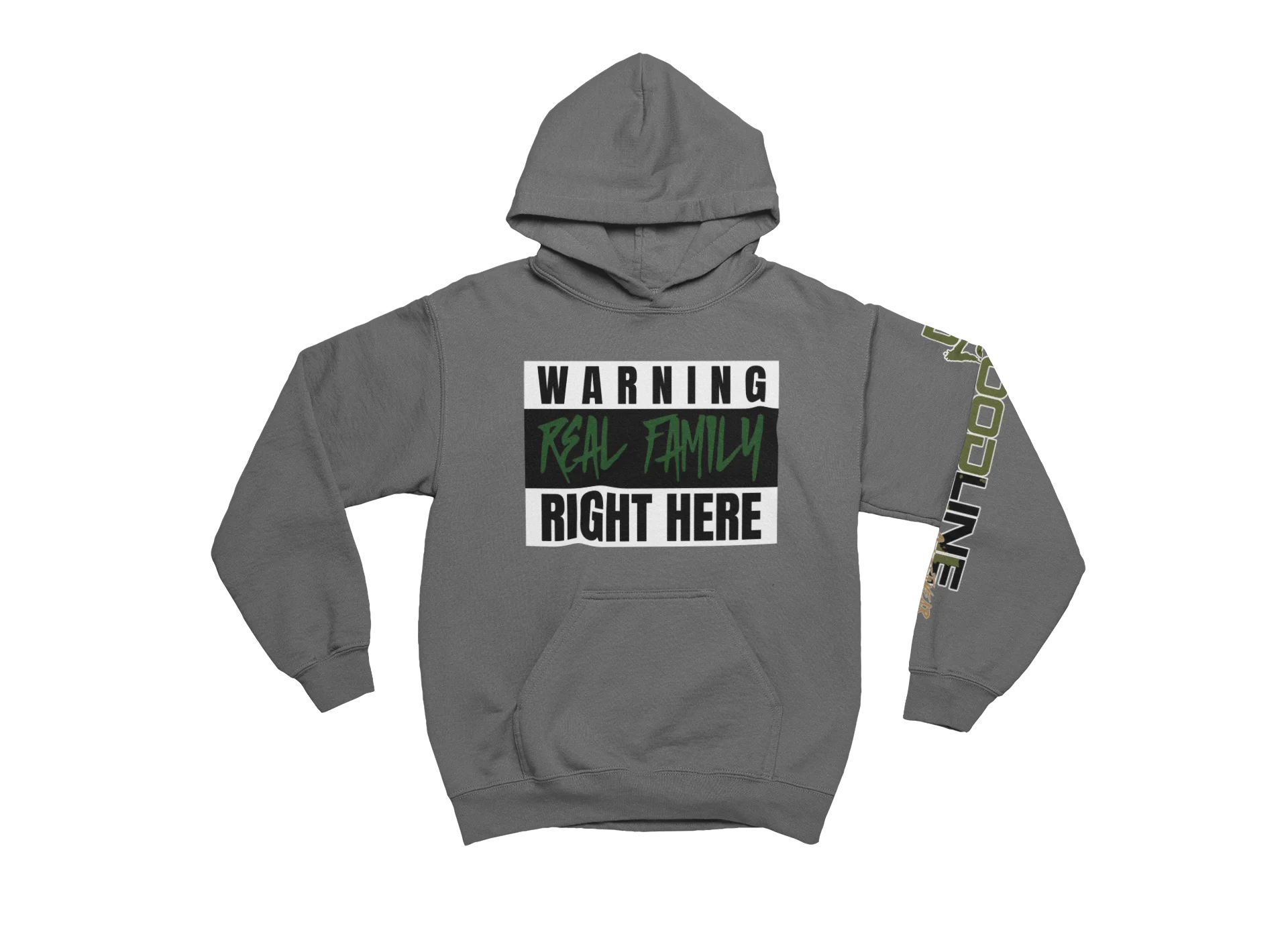 Charcoal hoodie with text design on a white background
