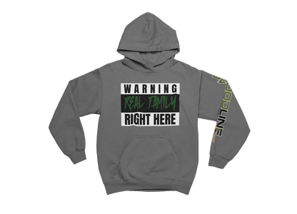 Charcoal hoodie with text design on a white background