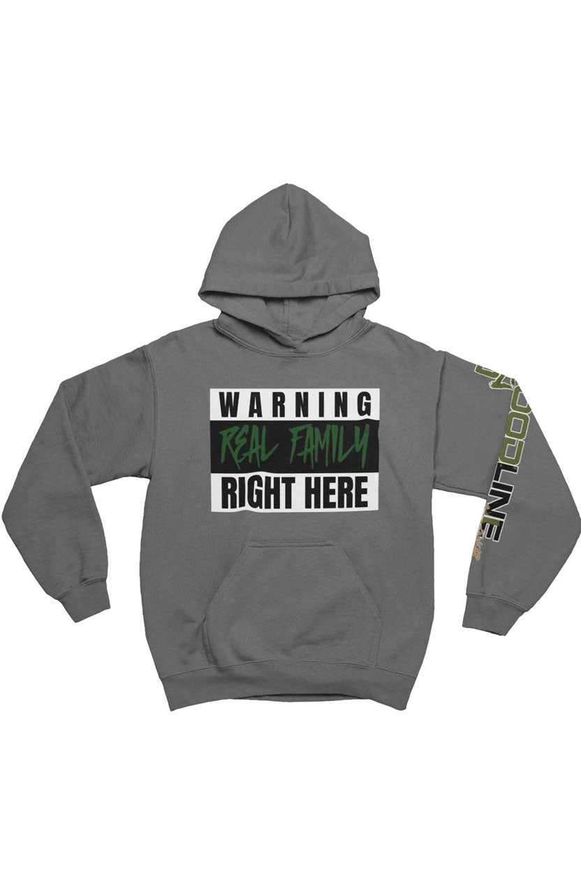 Gray hoodie with text design on a white background