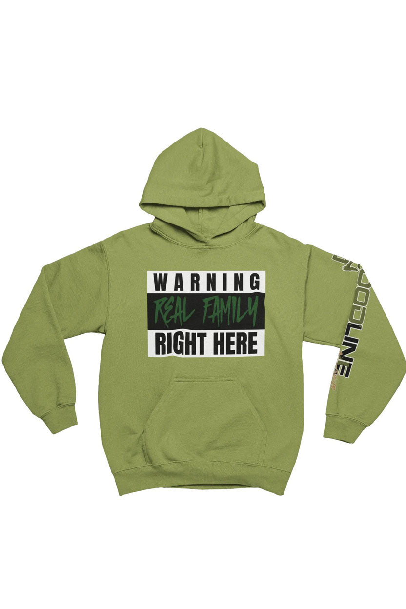 Green hoodie with text design on a white background
