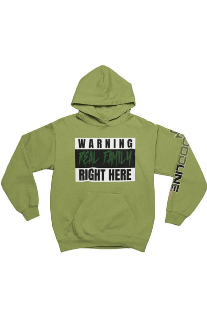 Green hoodie with text design on a white background