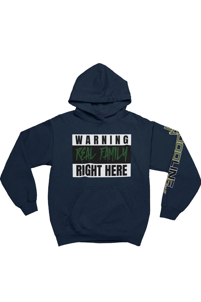 Navy hoodie with text design on a white background