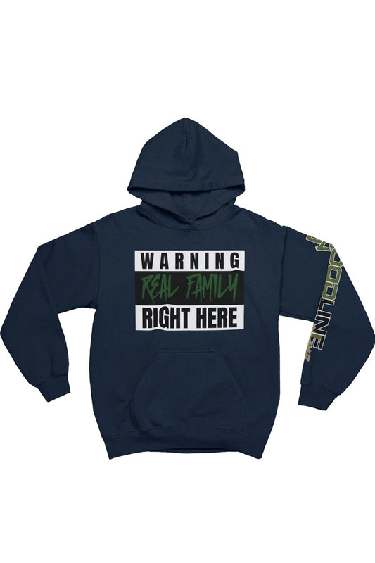 Navy hoodie with text design on a white background