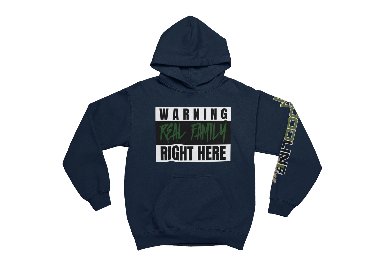 Navy blue hoodie with text design on a white background