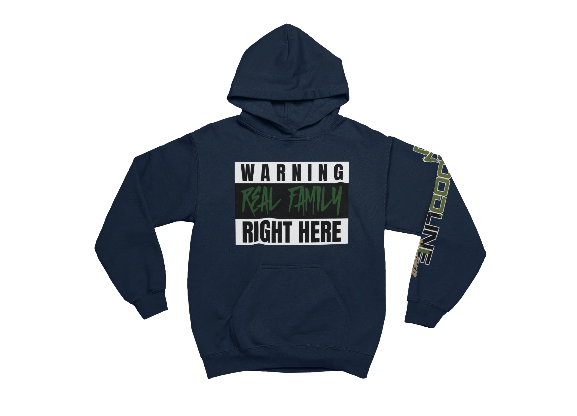 Navy blue hoodie with text design on a white background