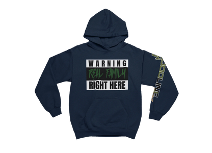 Navy blue hoodie with text design on a white background