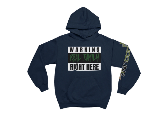 Navy blue hoodie with text design on a white background