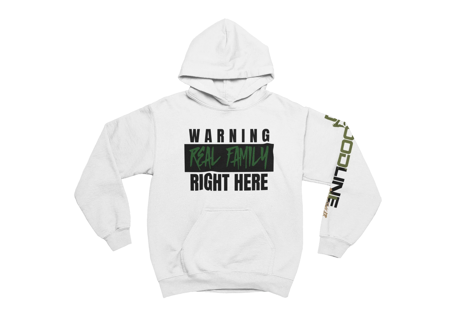 White hoodie with text design on a white background