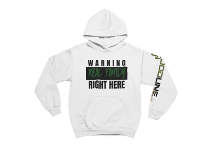 White hoodie with text design on a white background