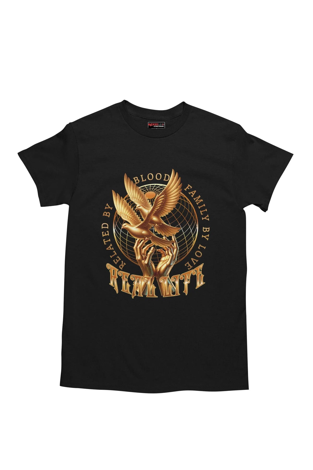 Black t-shirt with gold graphic design on a white background