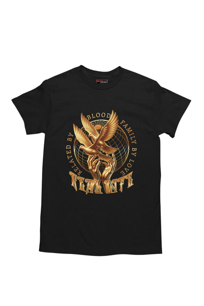 Black t-shirt with gold graphic design on a white background