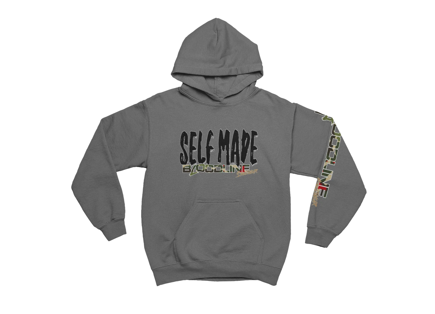 Charcoal hoodie with 'SELF MADE' text and colorful sleeve design on a white background