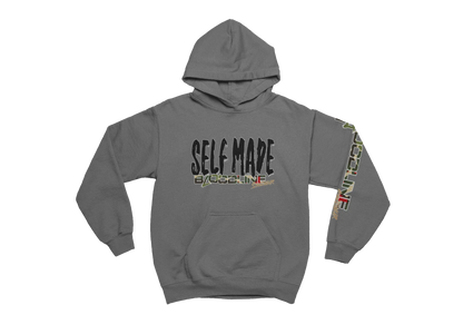 Charcoal hoodie with 'SELF MADE' text and colorful sleeve design on a white background