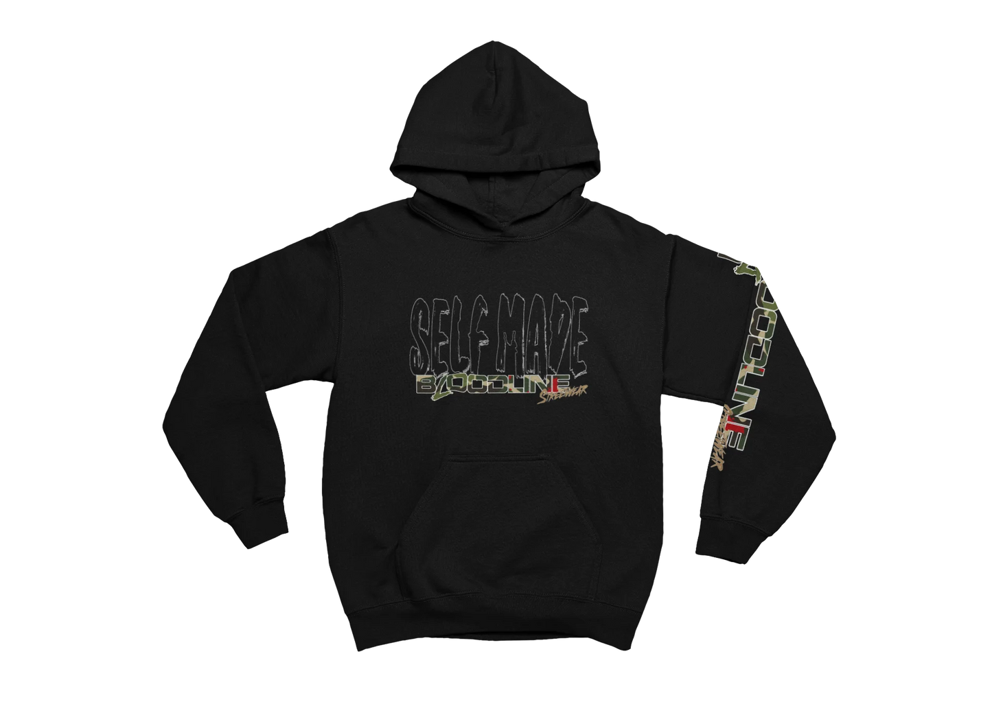 Black hoodie with text and graphics on a white background