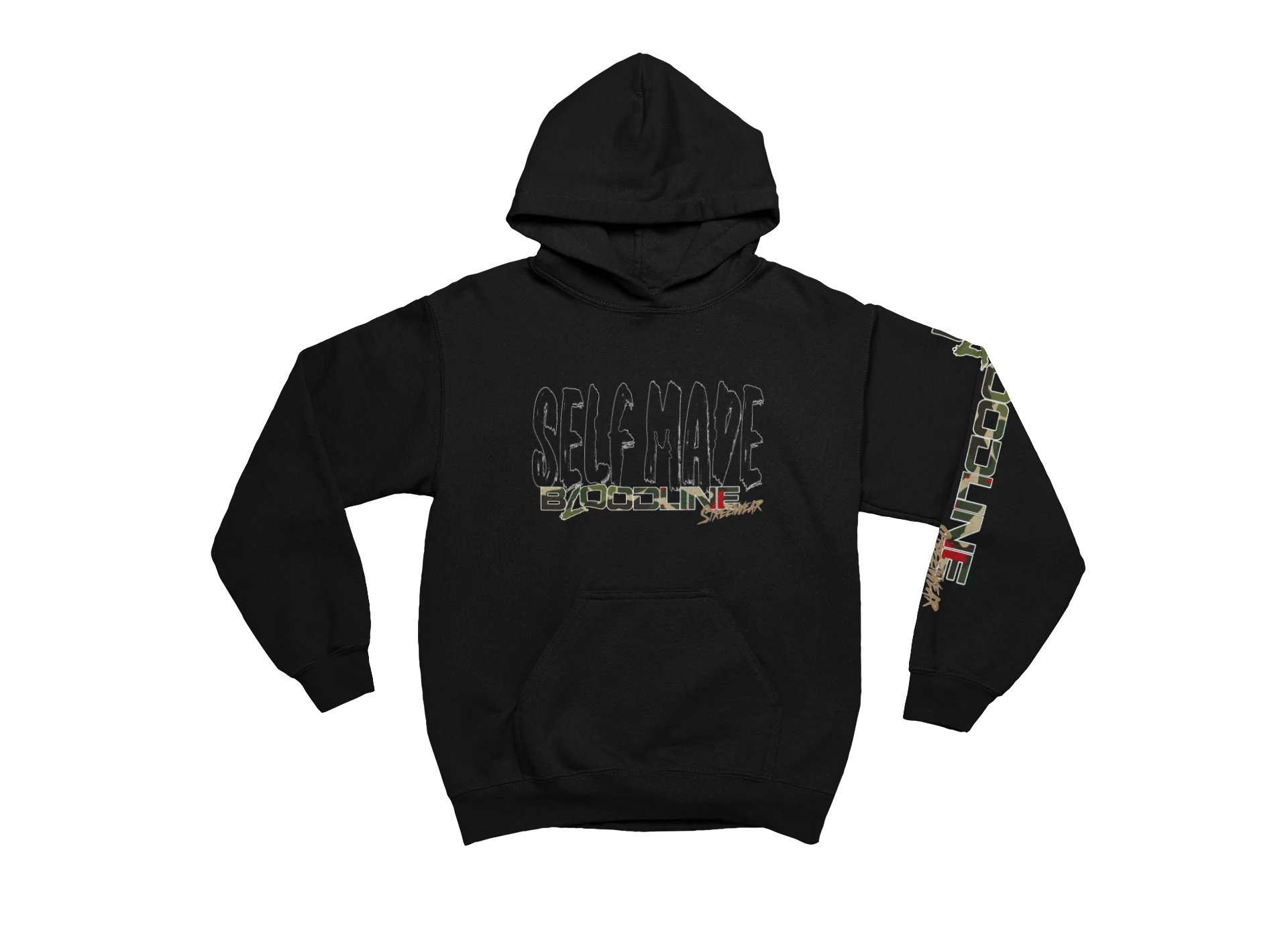 Black hoodie with text and graphics on a white background