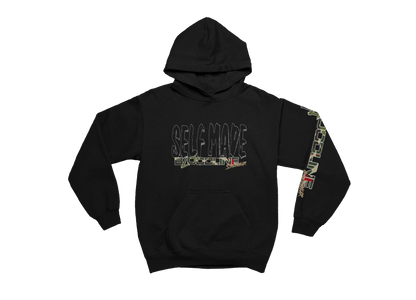 Black hoodie with text and graphics on a white background