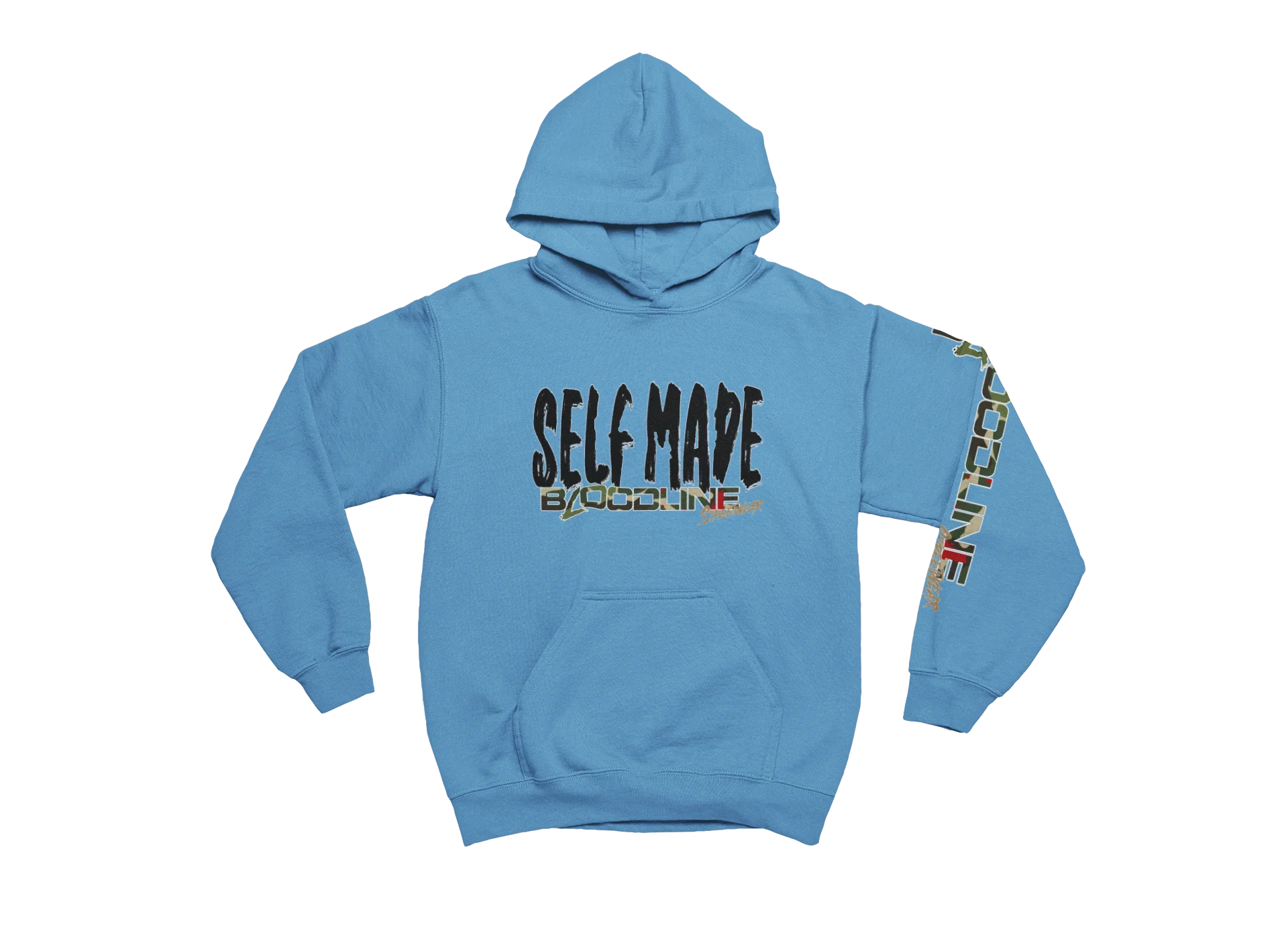 Carolina blue hoodie with 'SELF MADE' text on a white background