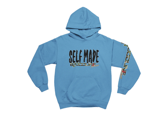 Carolina blue hoodie with 'SELF MADE' text on a white background
